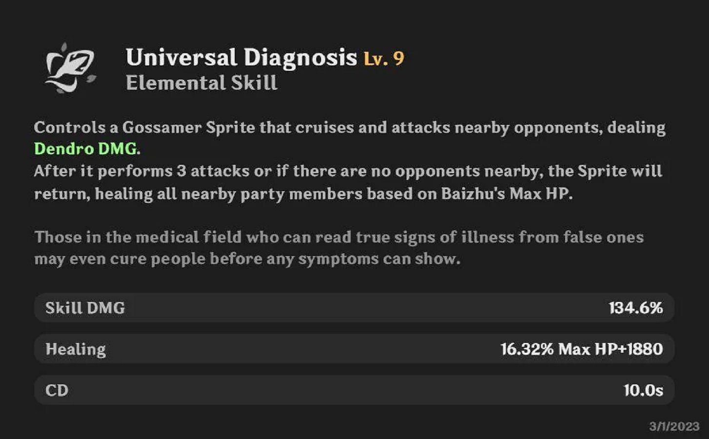 Baizhu&#039;s leaked Elemental Skill - Universal Diagnosis (Image via Mero)