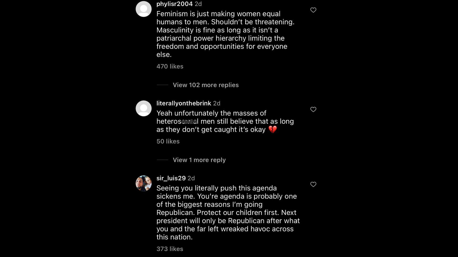 Screenshot of Instagram users remarking on Ocasio-Cortez&#039;s video criticizing cisgender males and straight men. (Image via Instagram)
