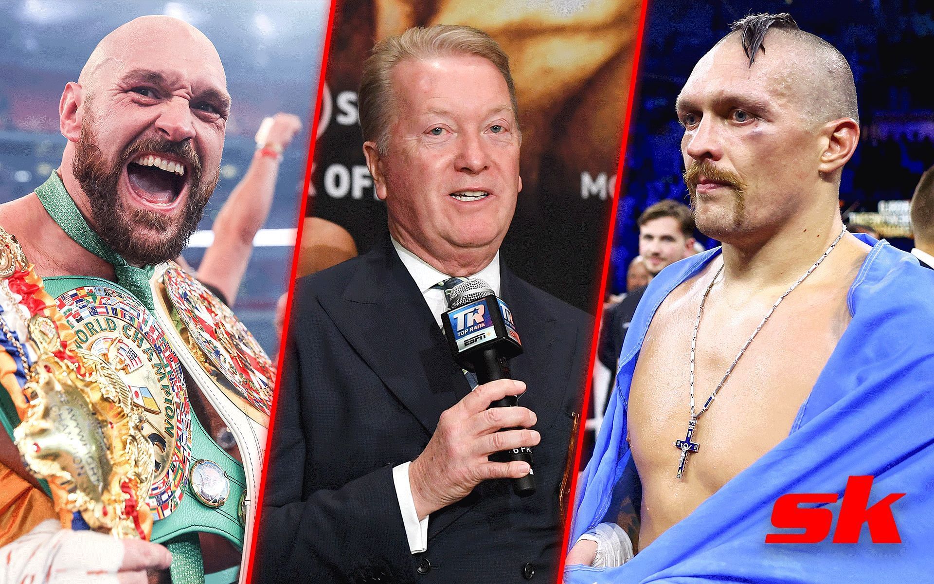 [L-R] Tyson Fury, Frank Warren and Oleksandr Usyk (Image credits: Getty Images)