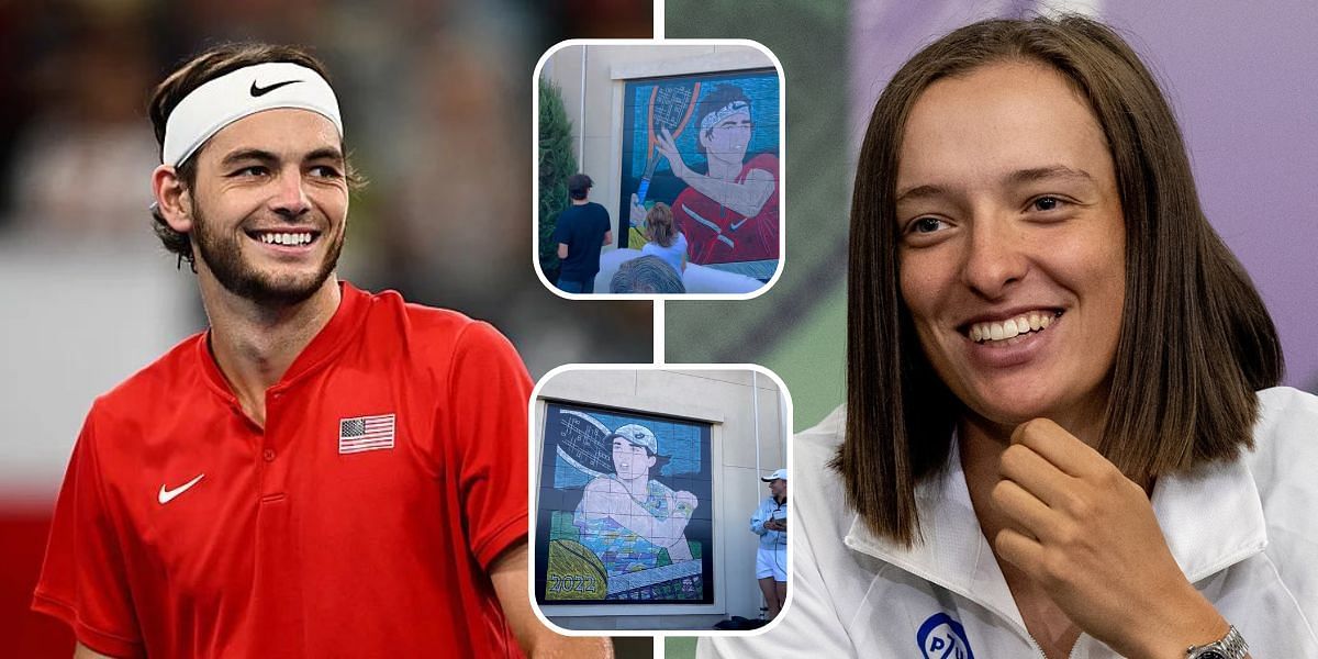 Taylor Fritz (L) and Iga Swiatek; Defending champions unveil their murals (inset)