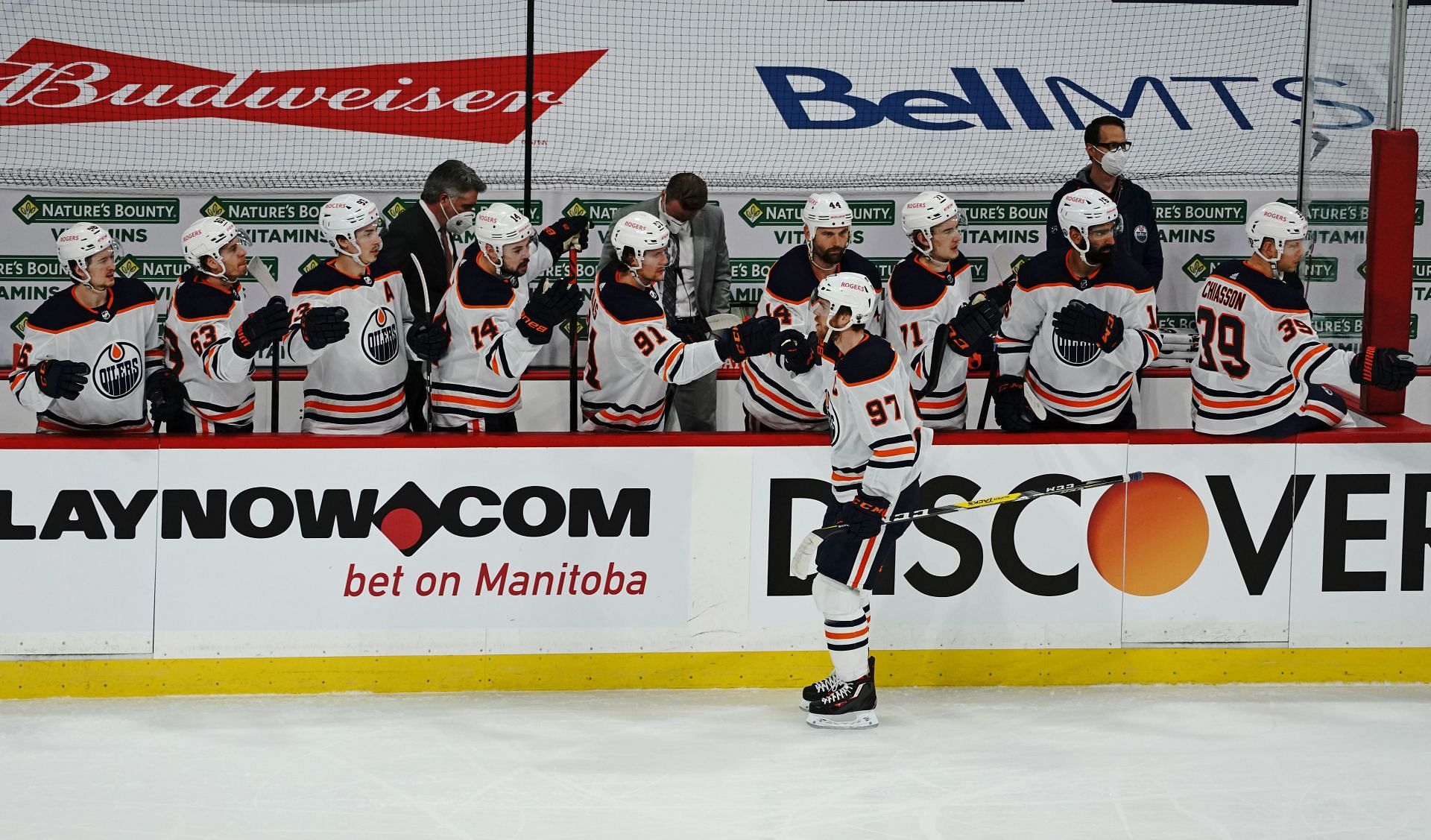 Players in celebration mode during the Winnipeg Jets v Edmonton Oilers game.