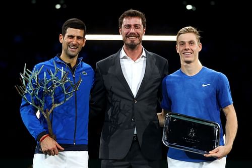 Marat Safin with Novak Djokovic and Denis Shapovalov at the 2019 Paris Masters