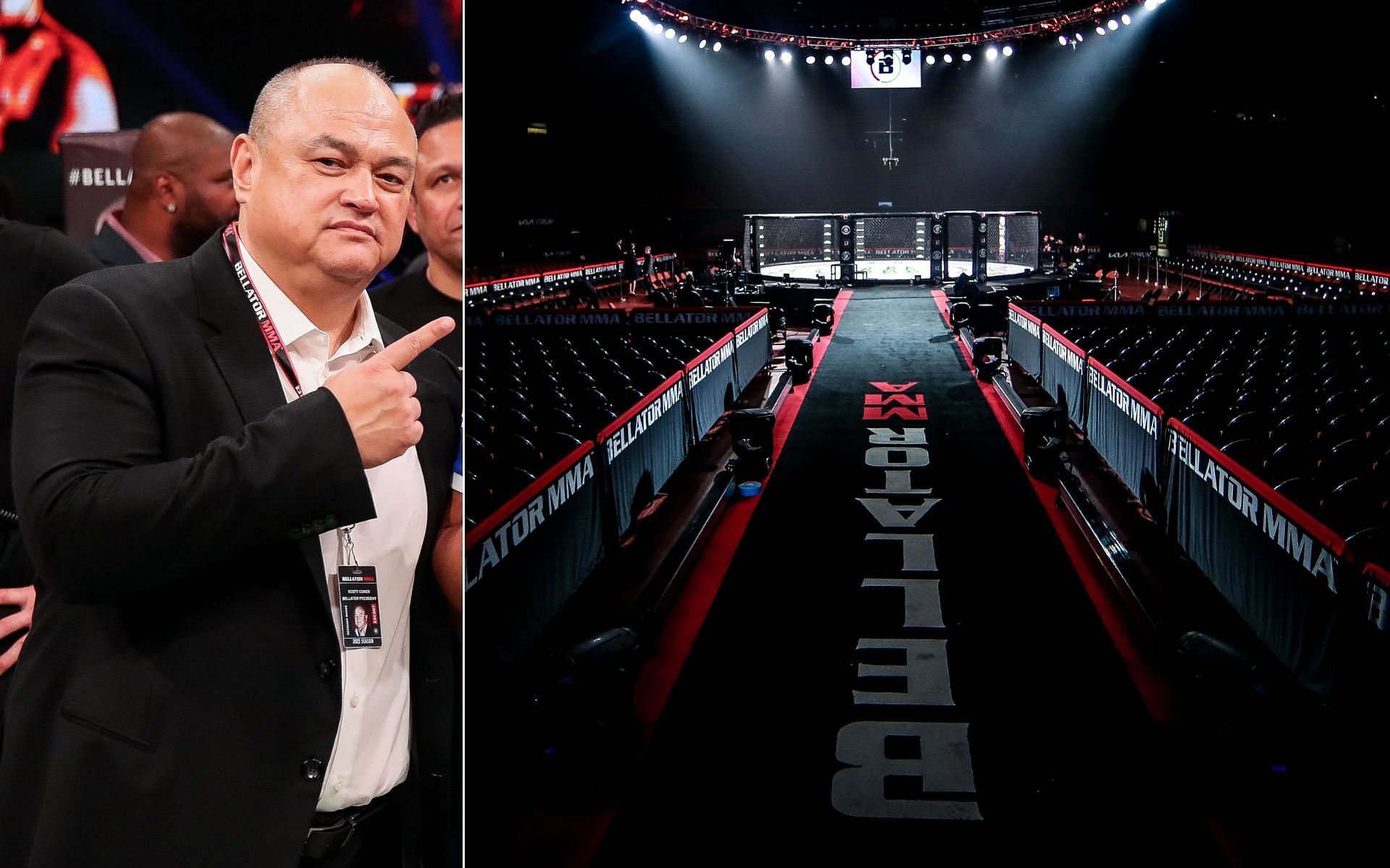 Scott Coker [Left], and Bellator cage [Right] [Photo credit: Bellator MMA]