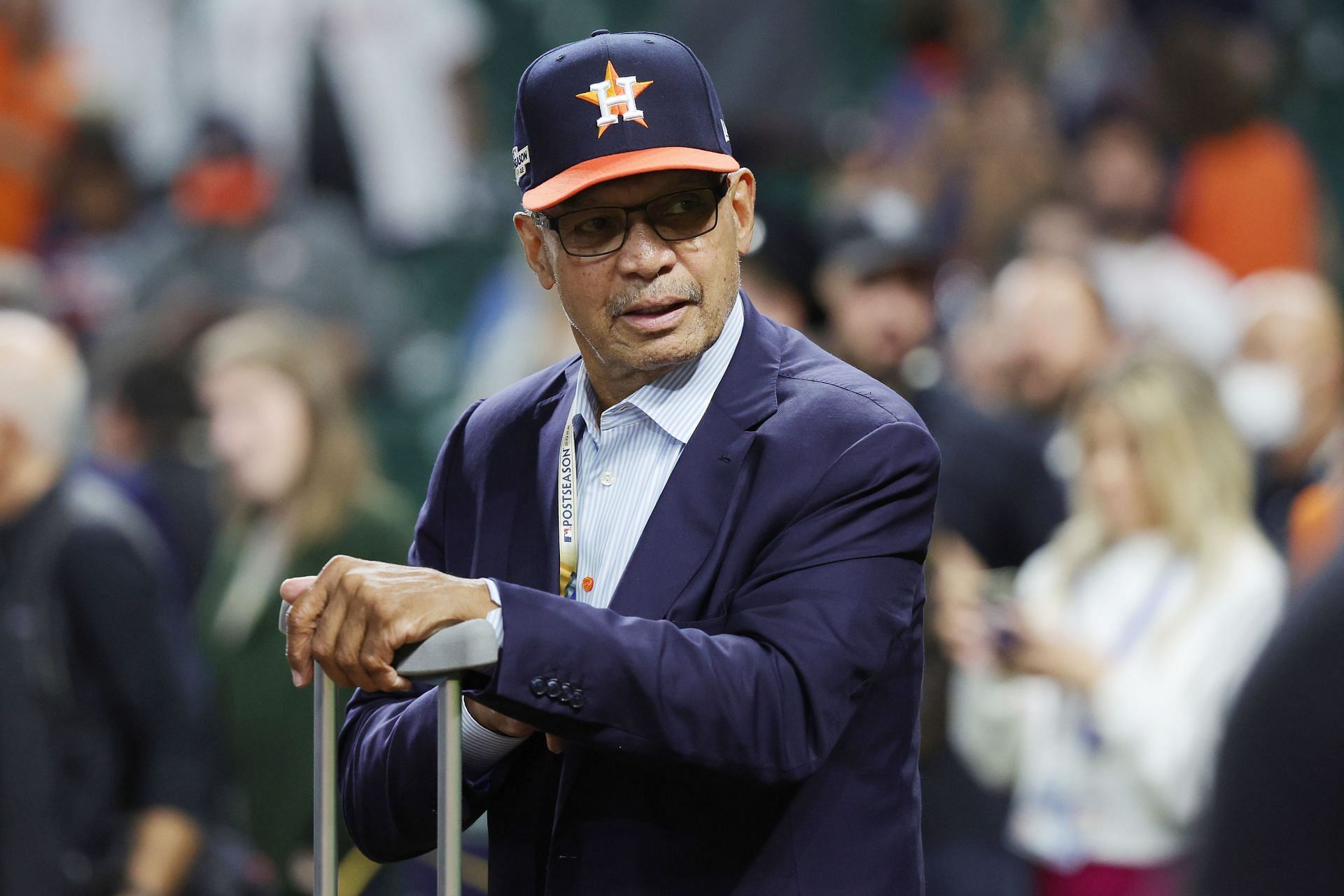 Special Advisor to the Houston Astros and Hall of Famer Reggie Jackson looks on prior to a game at Minute Maid Park