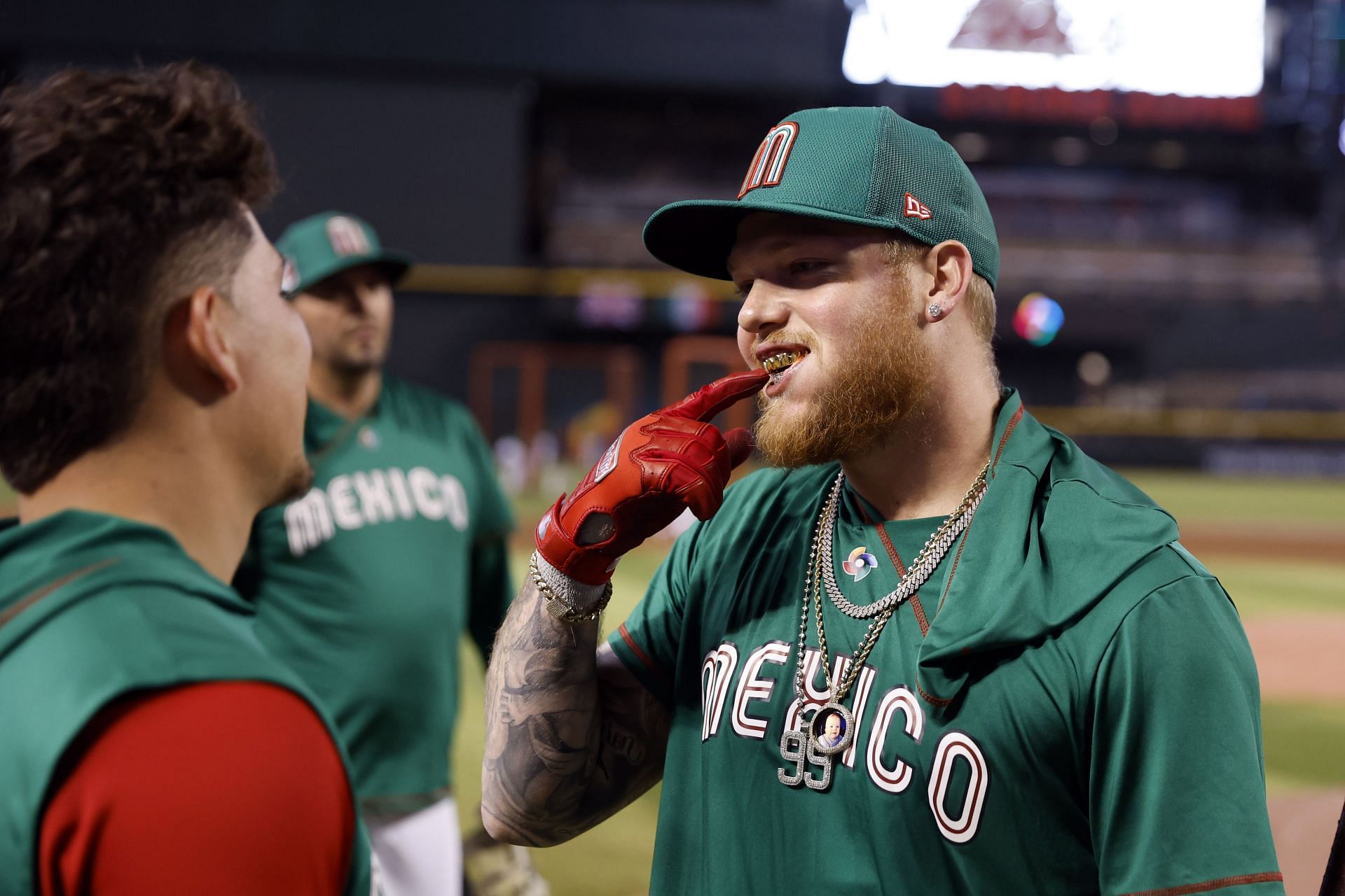 Alex Verdugo of Team Mexico reacts after hitting an RBI double in
