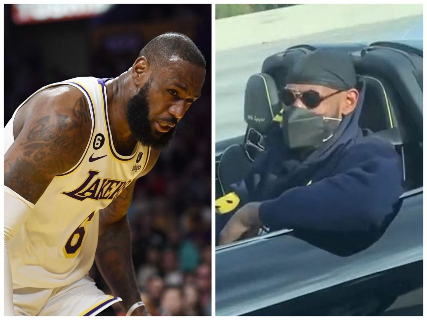 LeBron James of the LA Lakers during an NBA game and in his Porsche 918 Spyder. 
