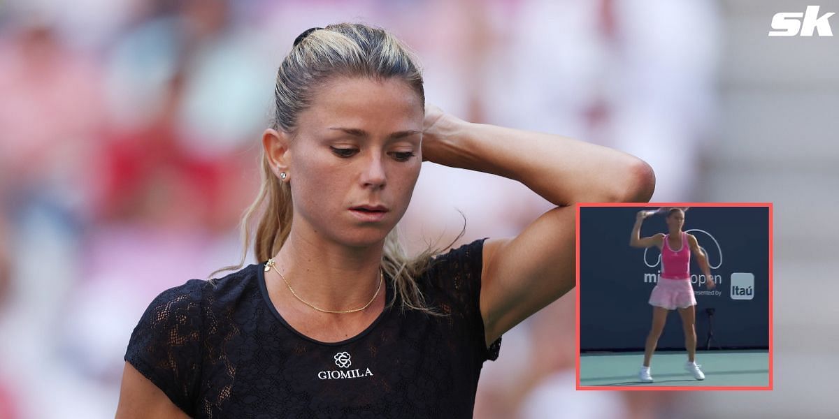 Camilla Giorgi throws her racket in frustration (inset)