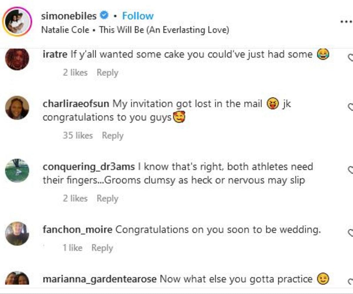 Screengrab of Biles' Instagram comment section