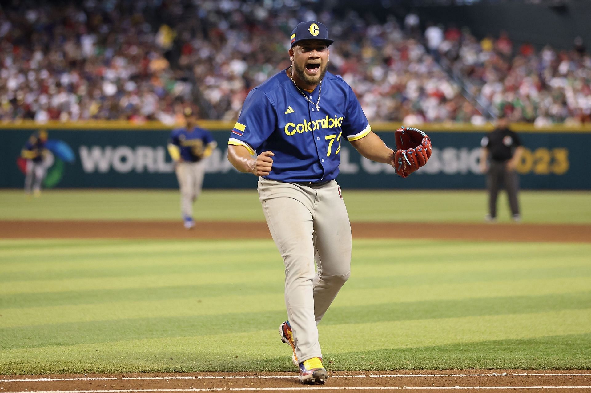 Relief pitcher Pedro Garcia #72 of Team Colombia reacts after pitching out of the eighth inning against Team Mexico