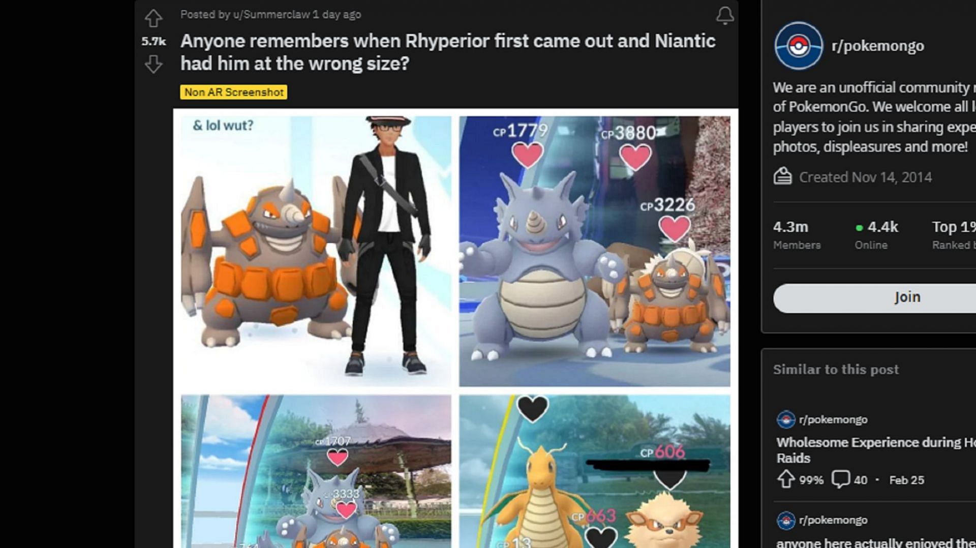 Rhyperior used to be smaller than its previous evolution Rhydon in Pokemon GO (Image via u/Summerclaw/Reddit)