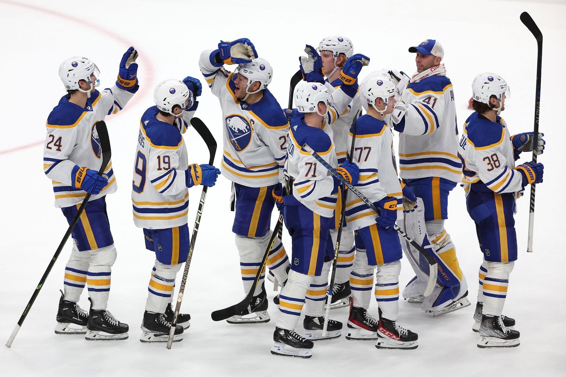 The Buffalo Sabres celebrate after defeating the Washington Capitals during overtime at Capital One Arena on January 3, 2023 in Washington, DC. (Photo by Patrick Smith/Getty Images)