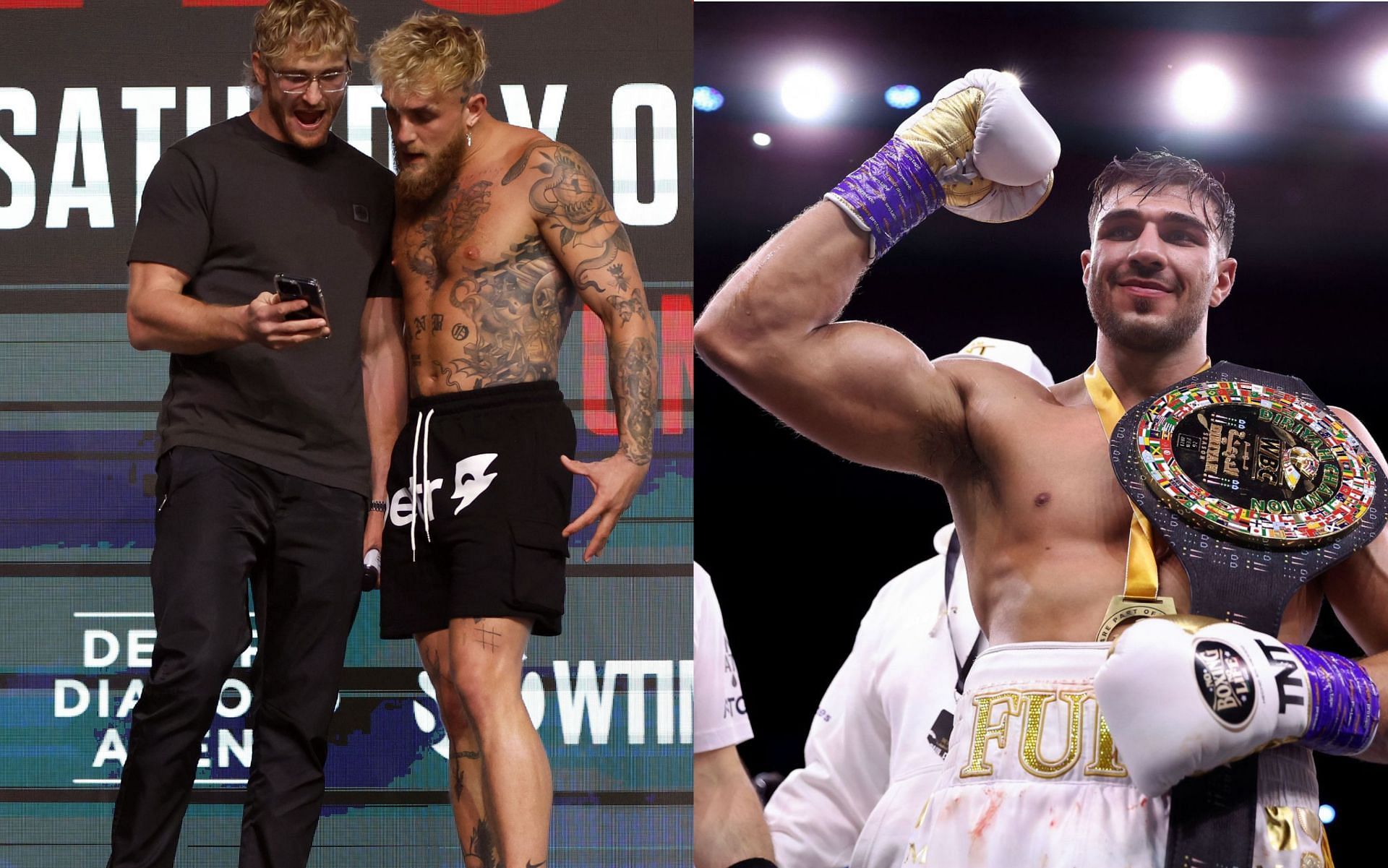 Logan and Jake Paul (L), and Tommy Fury (R).