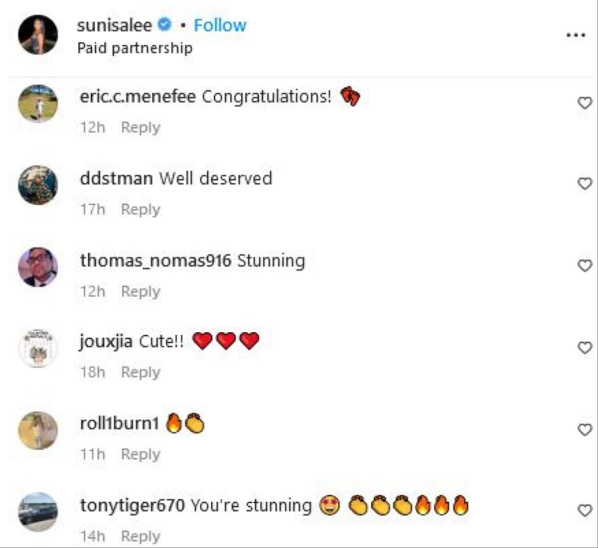 Screengrab of Sunisa Lee's Instagram comments section