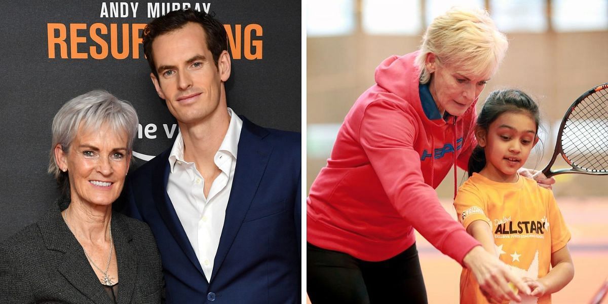 Judy Murray &amp; Andy Murray (L) and Judy coaching a young girl