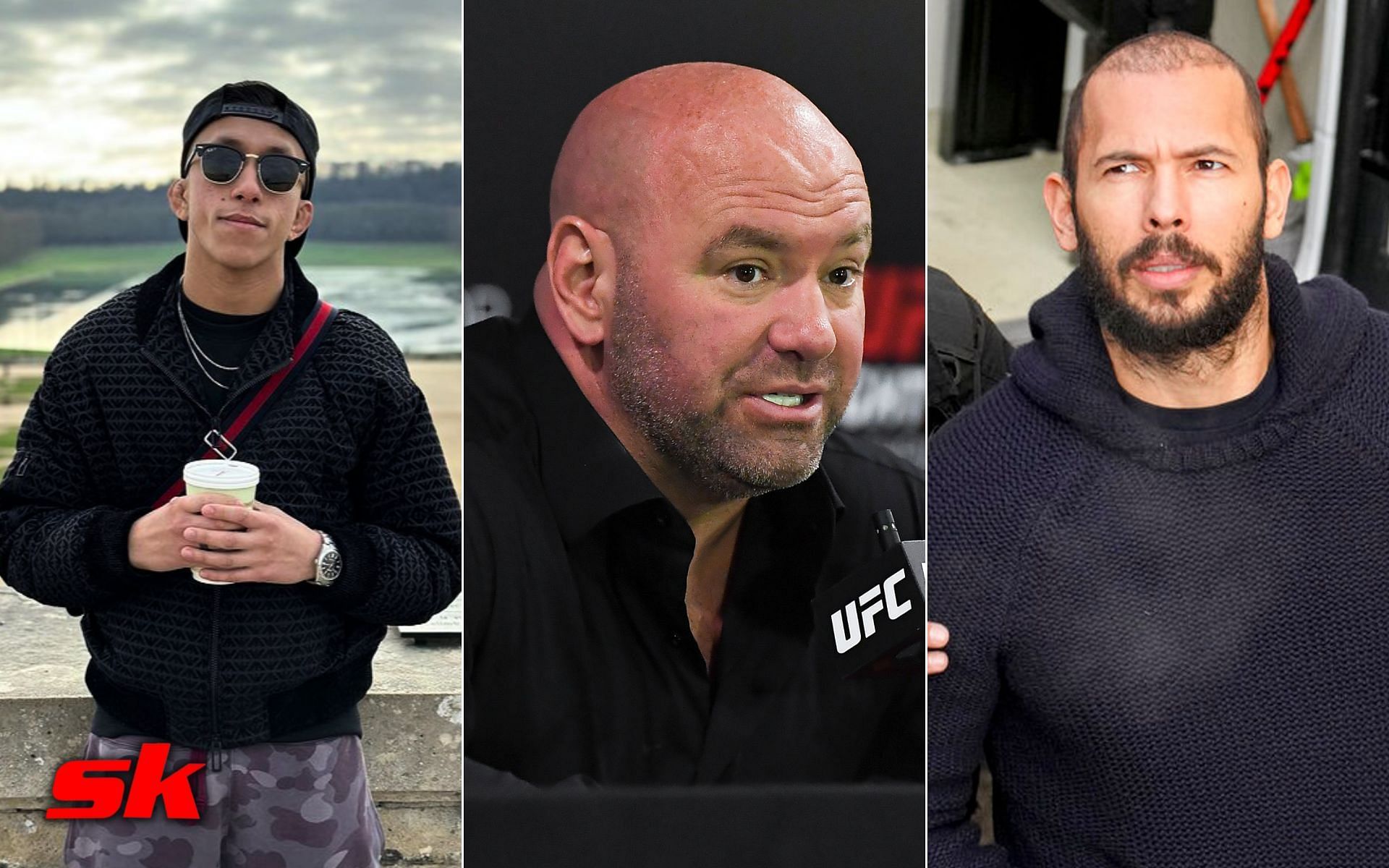 Jeff Molina (left - via @jmolina_125 on IG), Dana White (center), Andrew Tate (right - via skysports.com)