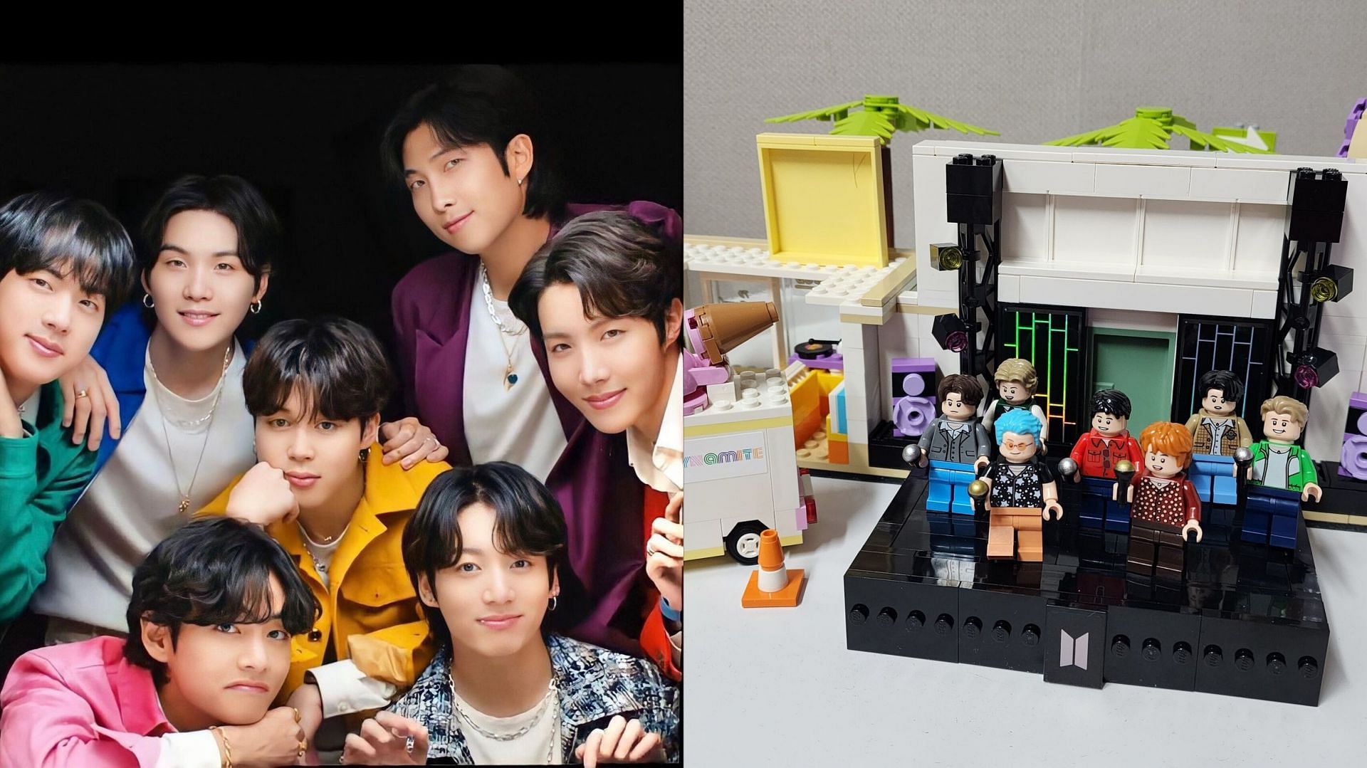 Featuring BTS AND BTS Dynamite Lego (Image via Bighit Entertainment and @stillwithmochi Twitter)
