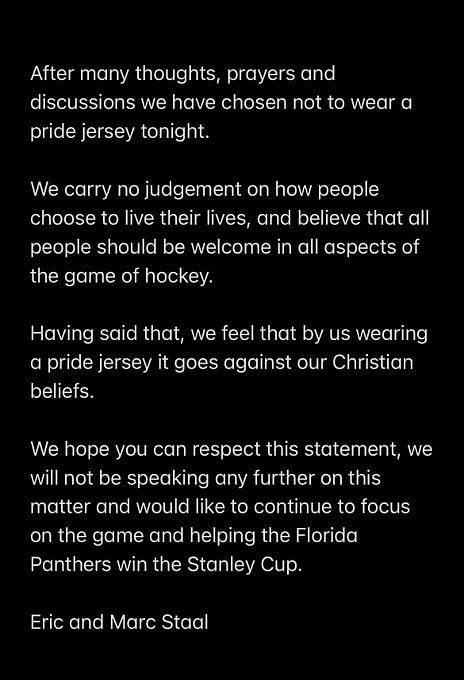 Staal brothers refuse to wear Pride jersey, joining growing NHL