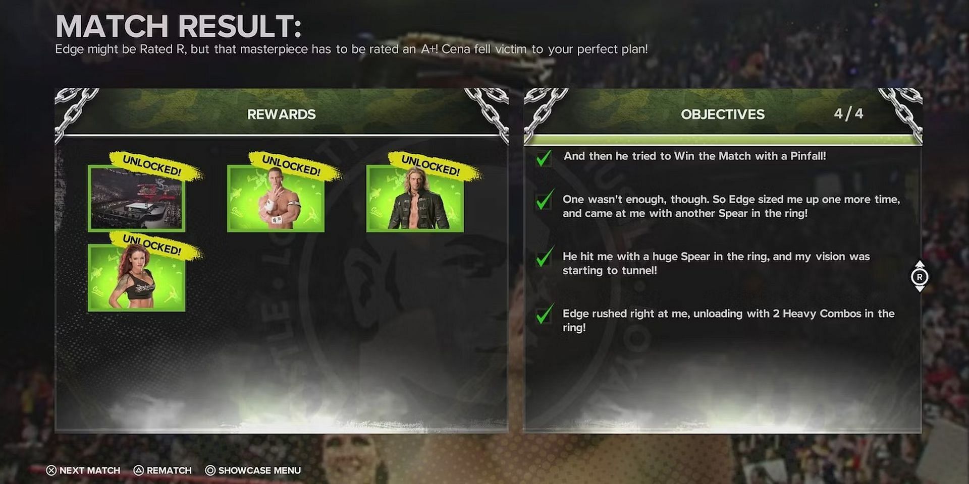 You must complete four objectives to defeat John Cena (Image via 2K Sports)