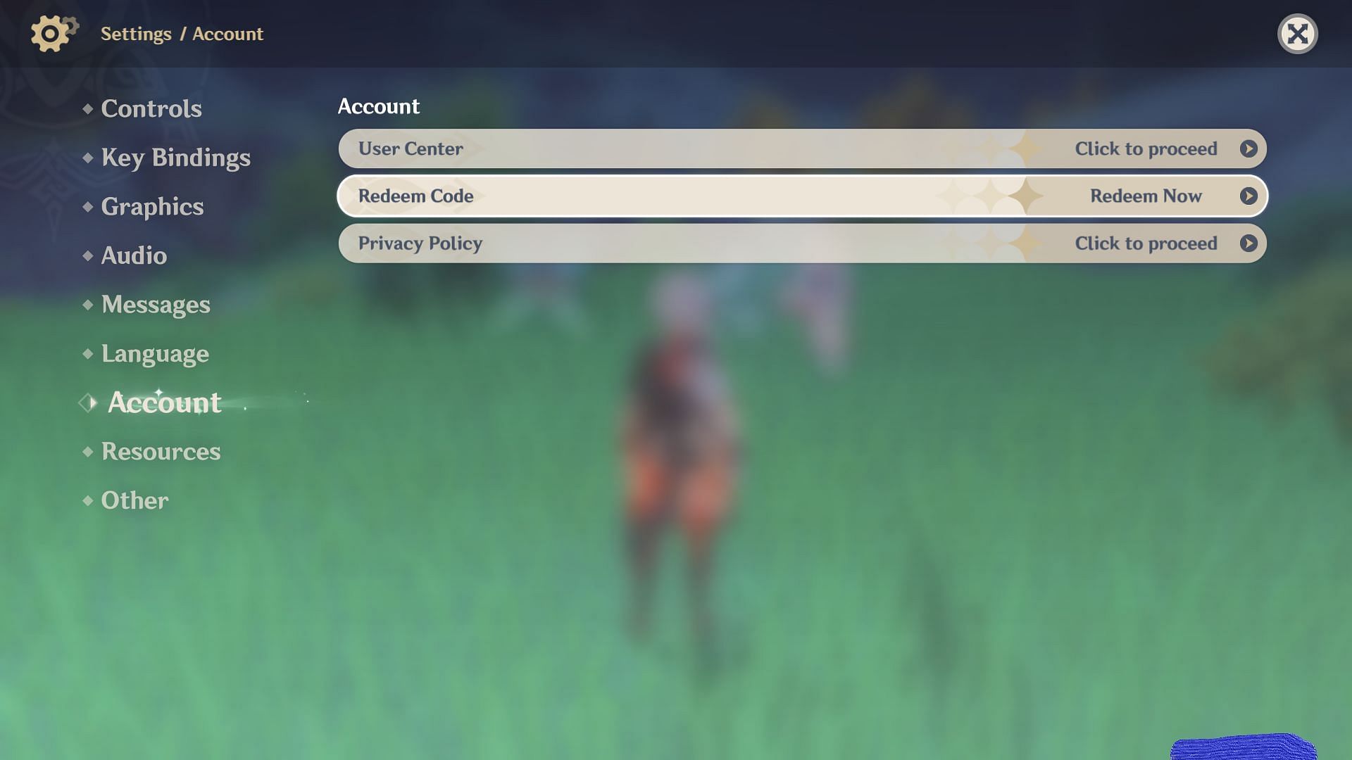 In-game settings for code redemption (Image via Genshin Impact)