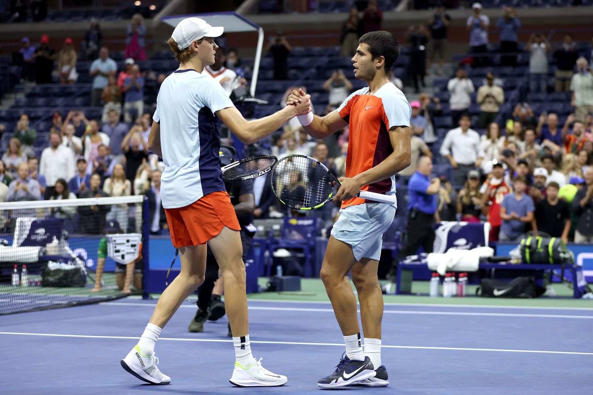 Carlos Alcaraz and Jannik Sinner at the 2022 US Open.