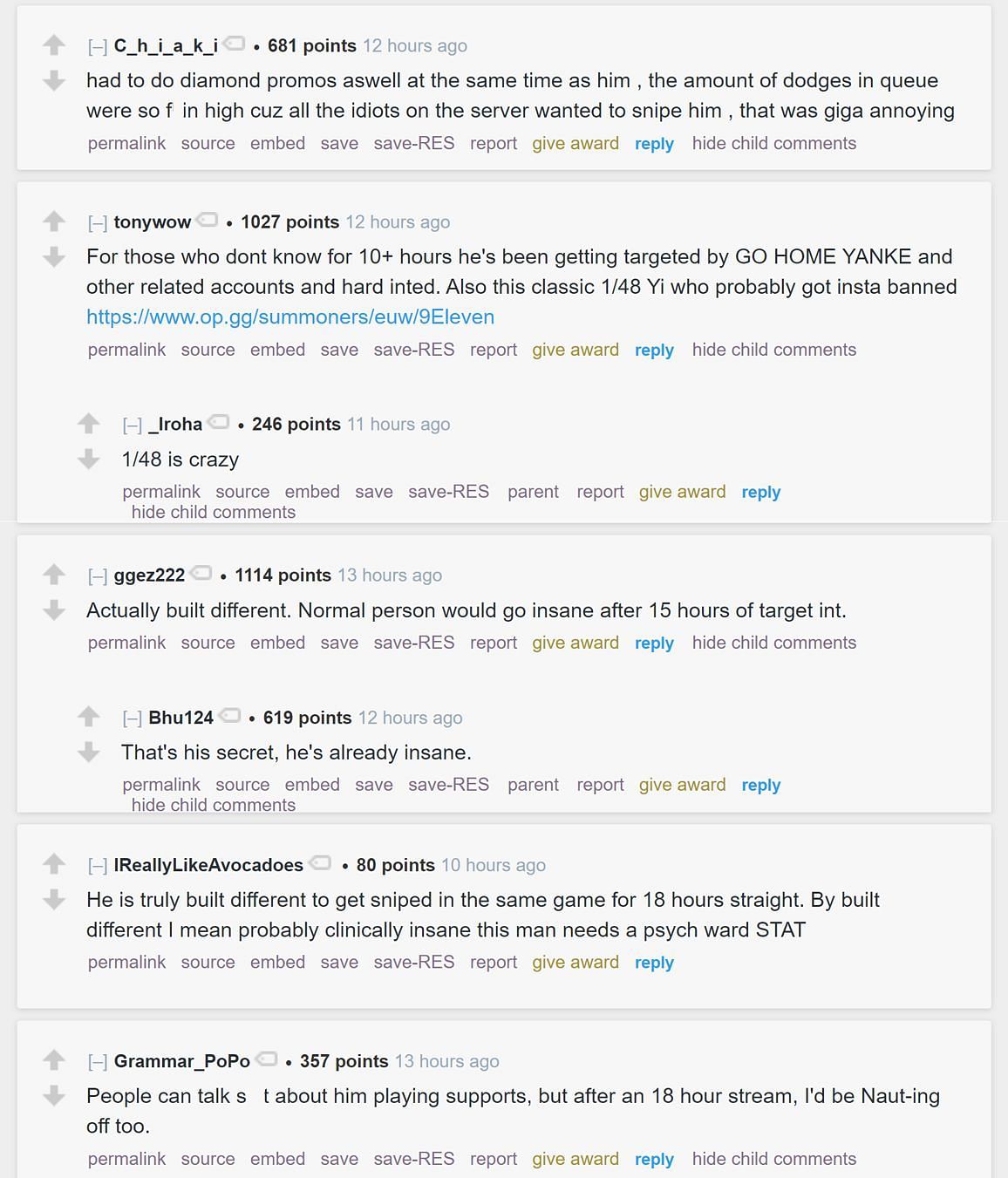 Fans on Reddit reacting to Tyler1 reaching Diamond 4 in the EUW server (Image via r/LivestreamFail)