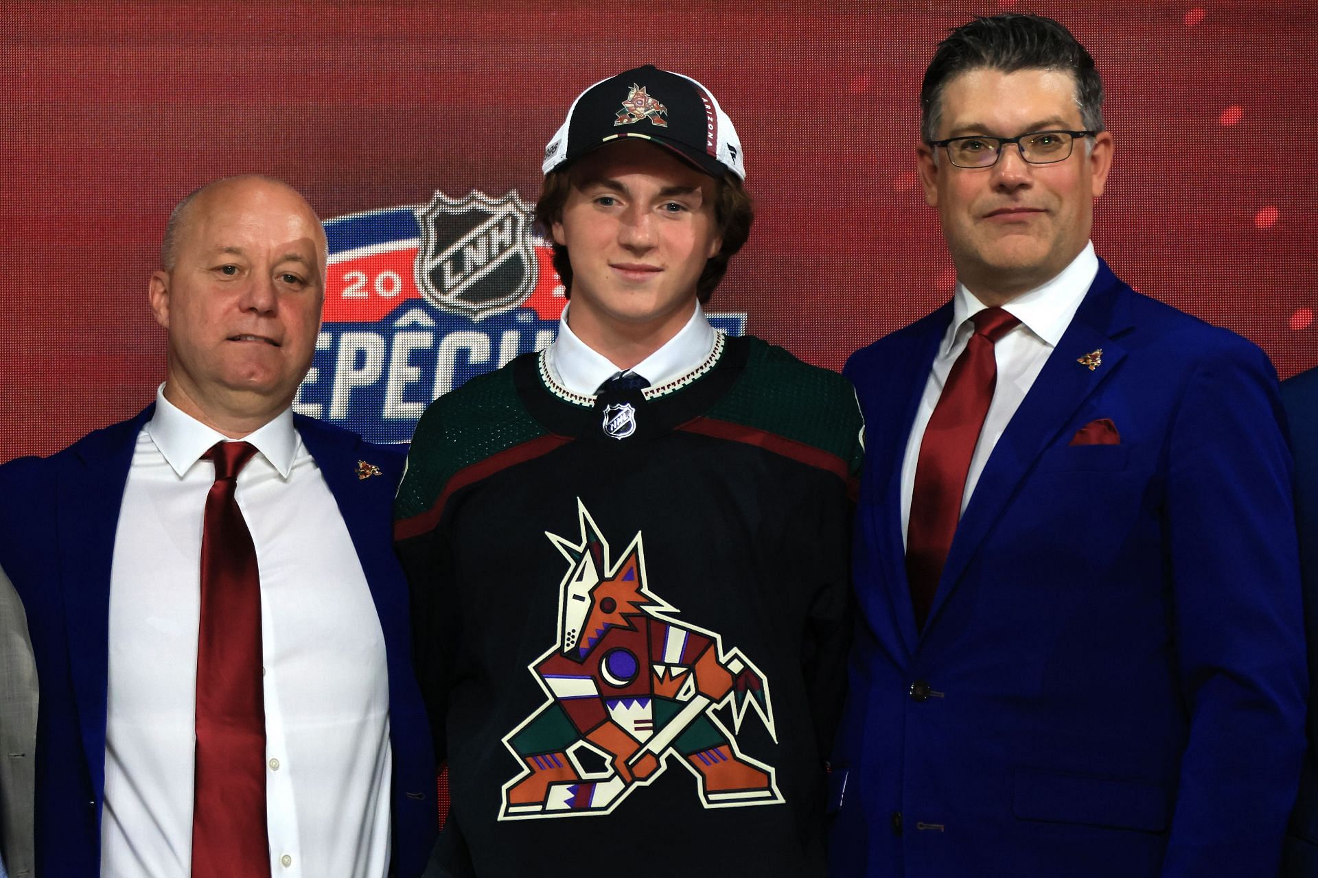 Logan Cooley is drafted by the Arizona Coyotes during Round One of the 2022 Upper Deck NHL Draft at Bell Centre on July 07, 2022 in Montreal, Quebec, Canada. (Photo by Bruce Bennett/Getty Images)