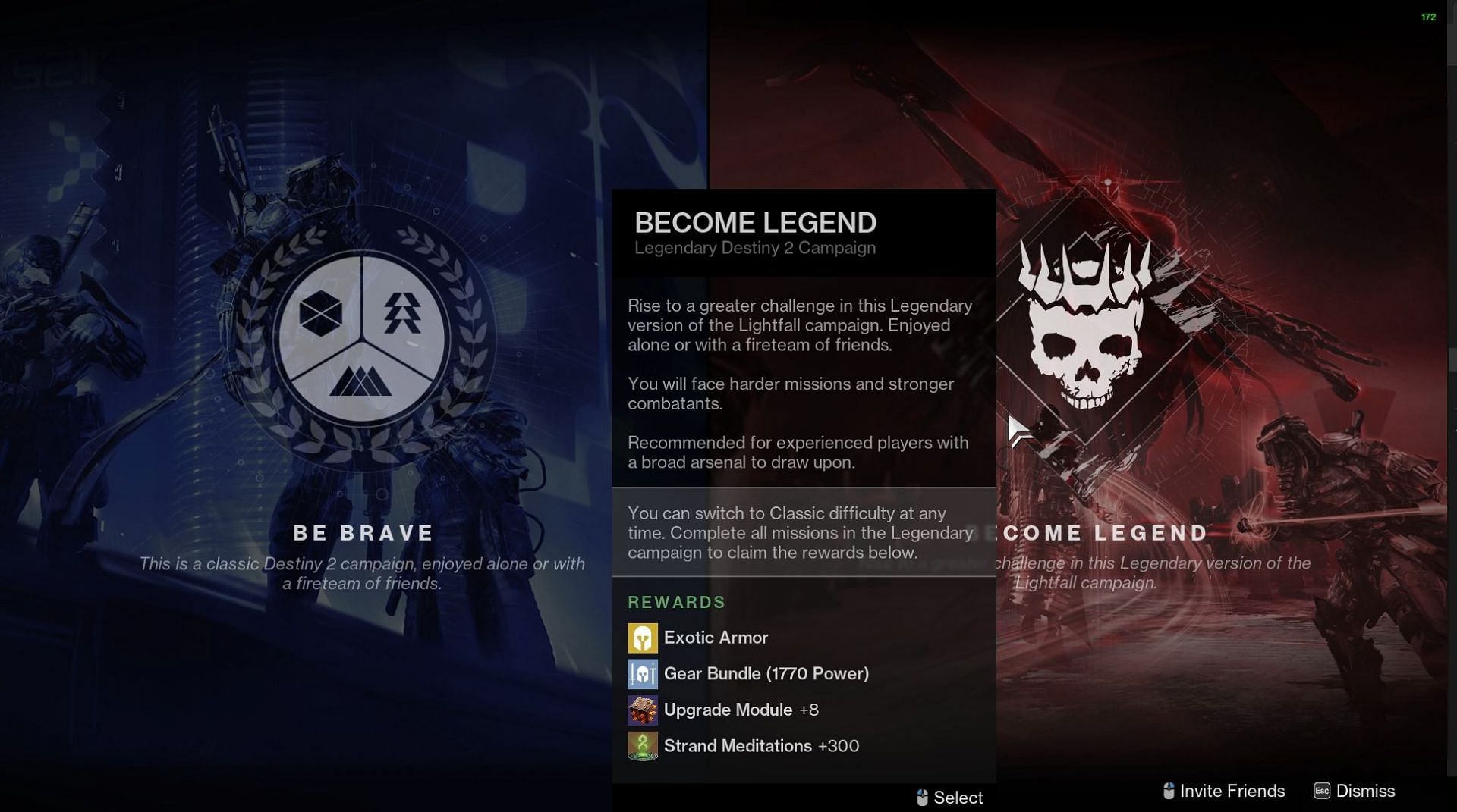 Lightfall campaign difficulty selection(Image via Bungie)