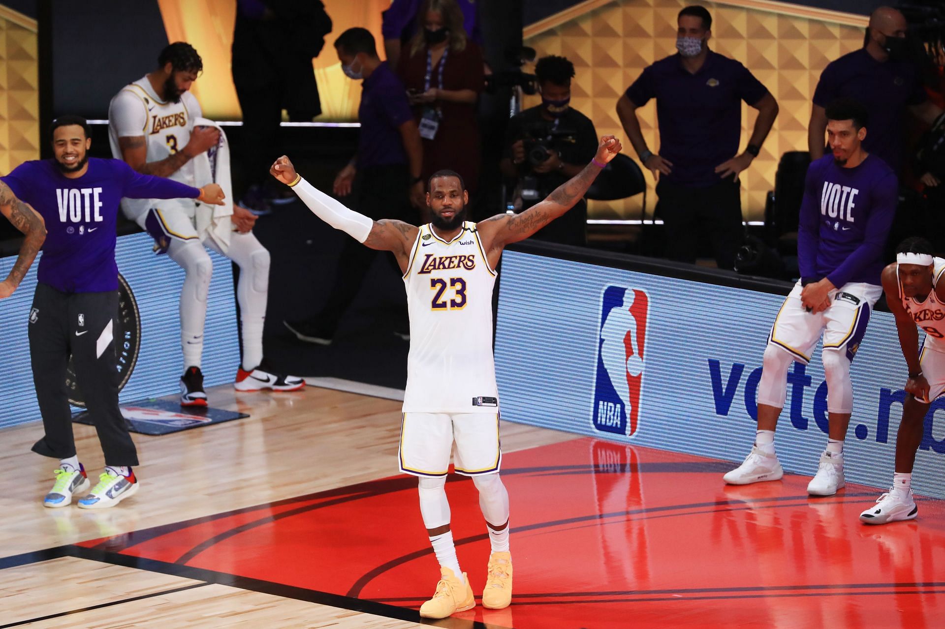 LeBron James celebrates winning the 2020 NBA championship in the bubble.