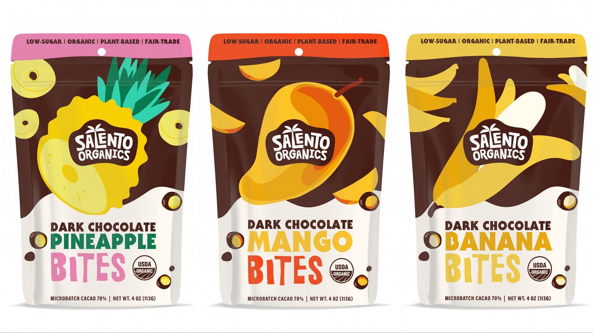 Recalled packets of Dark Chocolate Pineapple Bites, Mango Bites, and Banana Bites (Image via Salento Organics/FDA)