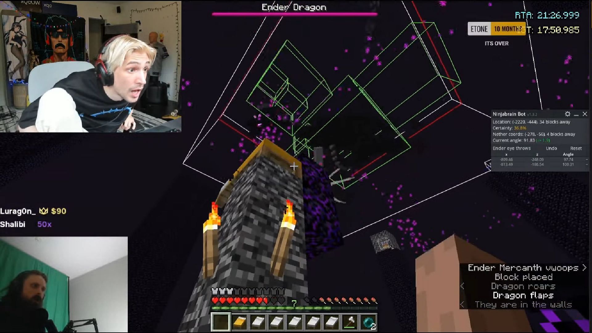 xQc reacts to Forsen beating his Minecraft speed running record (Image via xQc/Twitch)