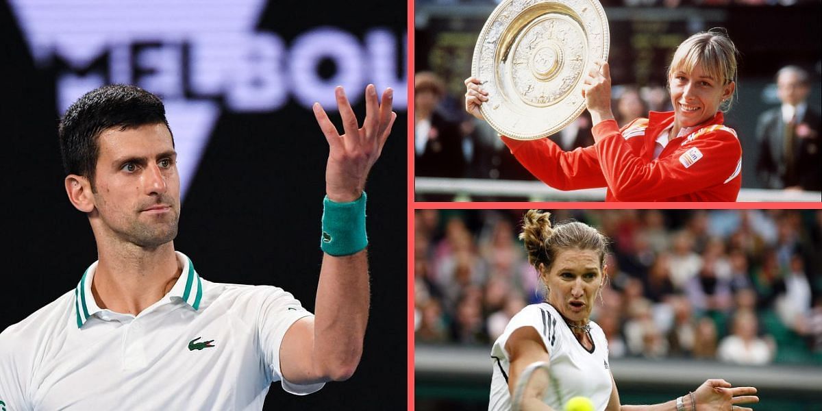 (Clockwise) Martina Navratilova, Steffi Graf and Novak Djokovic