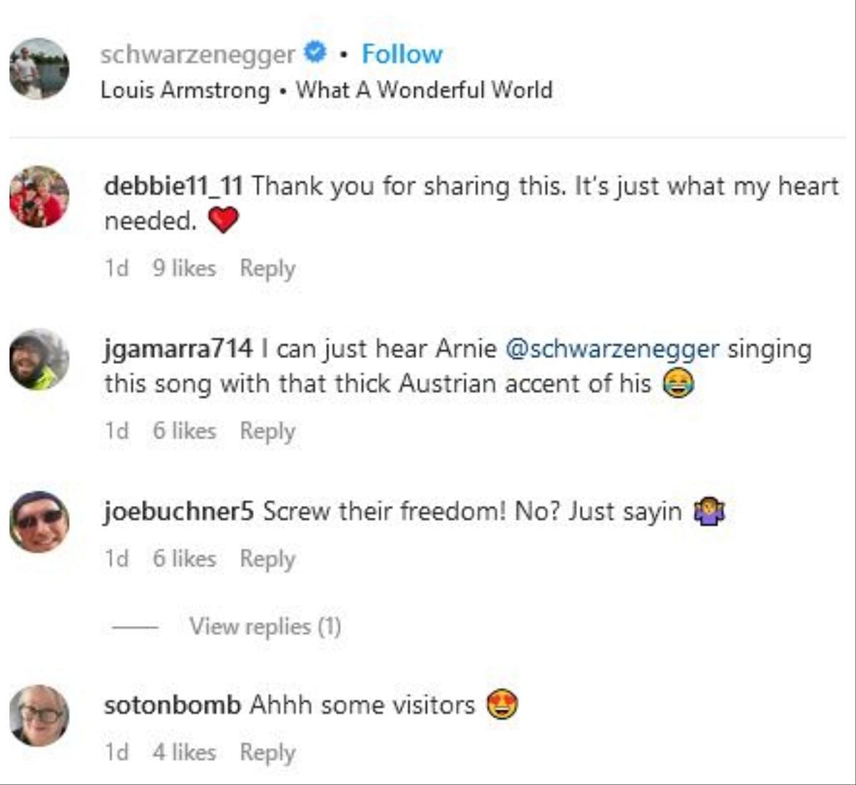Screengrab of Arnold&#039;s Instagram comment section