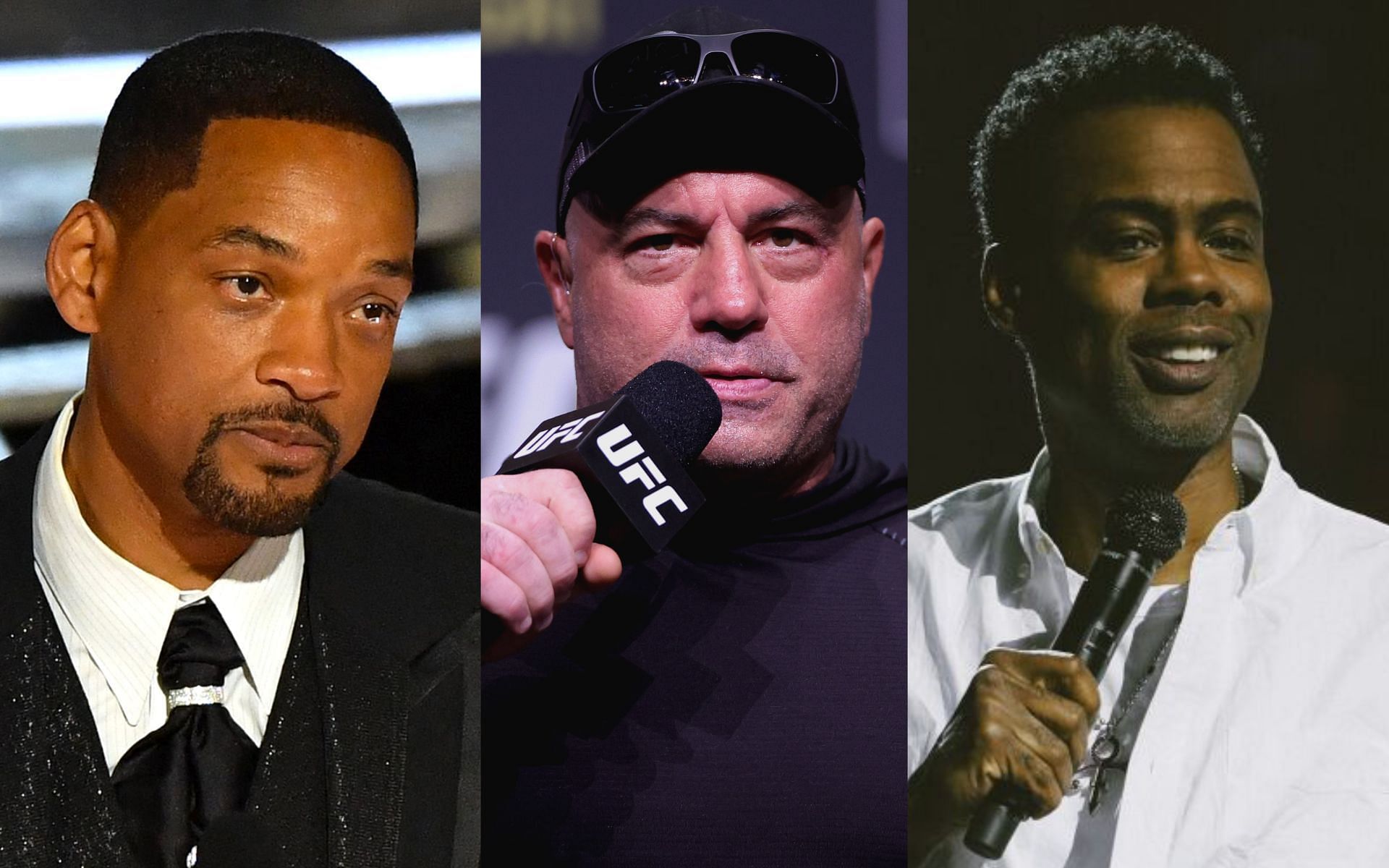 Will Smith (left), Joe Rogan (centre), and Chris Rock (right). [Images courtesy: left image from today.com, centre image from Getty Images, and right image from Netflix]