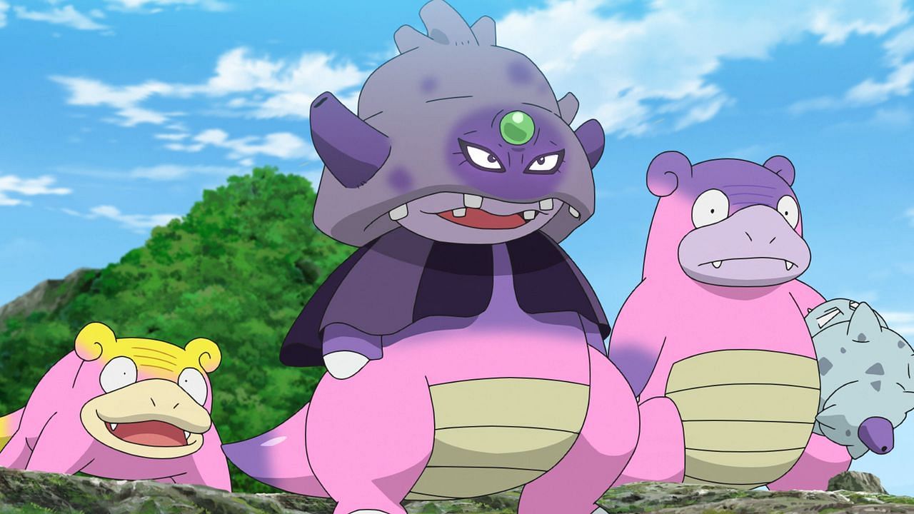 Galarian Slowpoke, Slowbro, and Slowking as they appear in the anime (Image via The Pokemon Company)