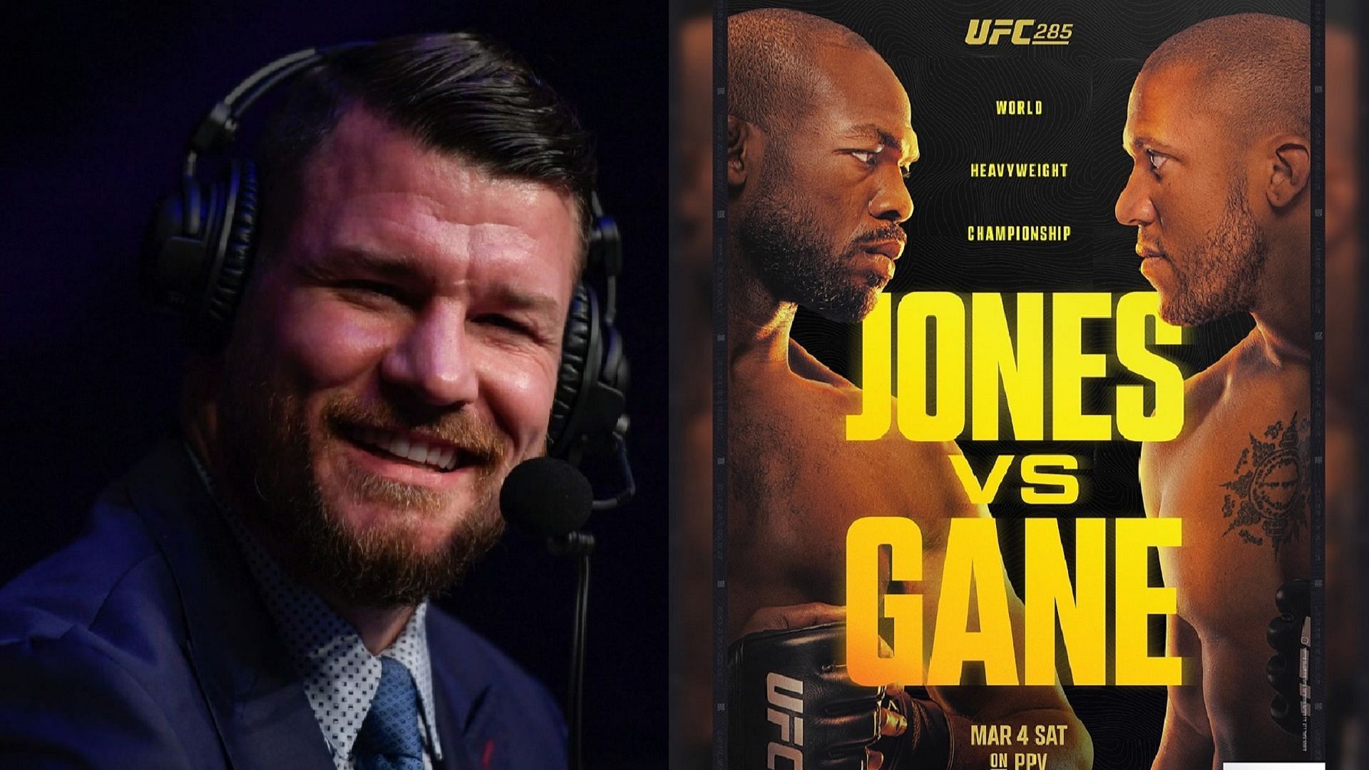Michael Bisping (left) &amp; Jones vs. Gane poster (right) [Images via Getty and @ufc on Instagram]