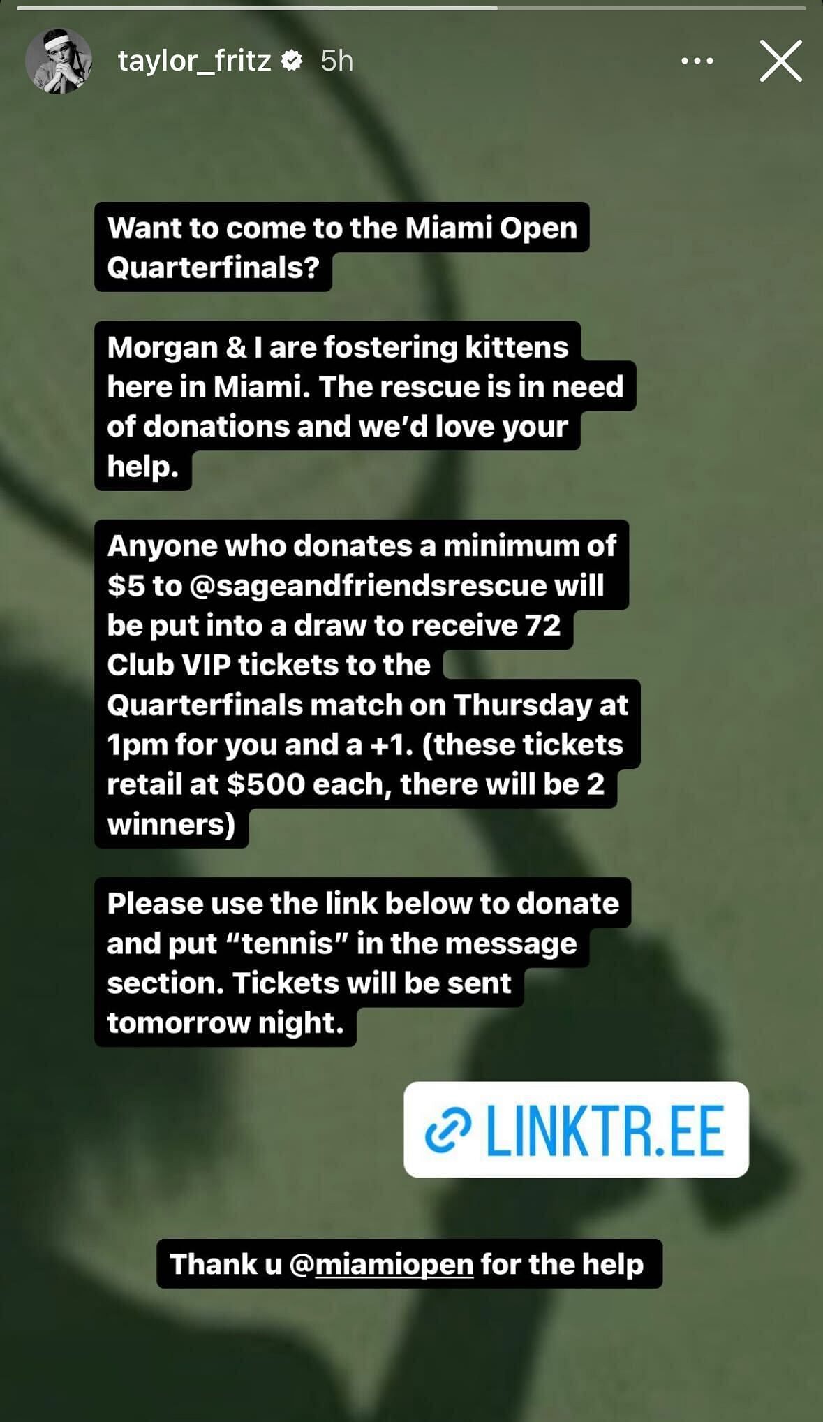 Taylor Fritz's Instagram story on Monday