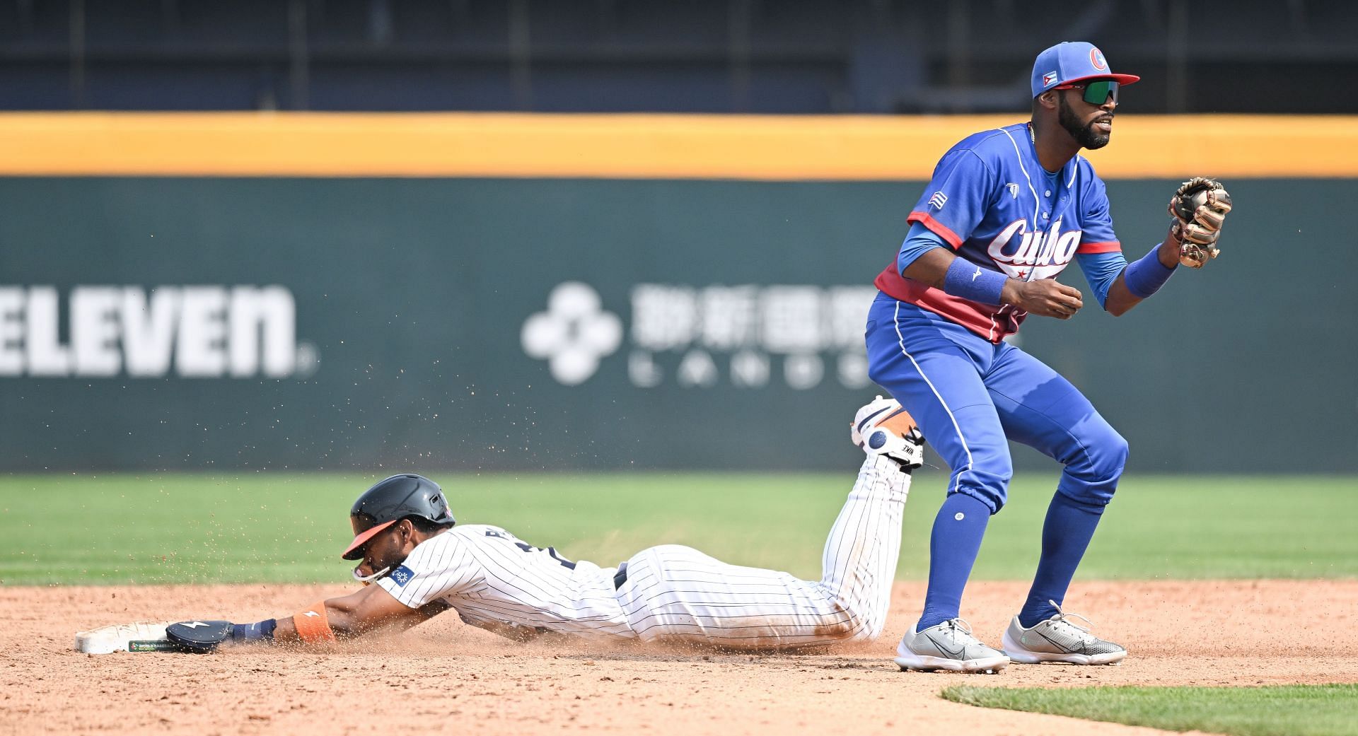 Joshua Palacios stole second base during the World Baseball Classic game between Cuba and Netherlands