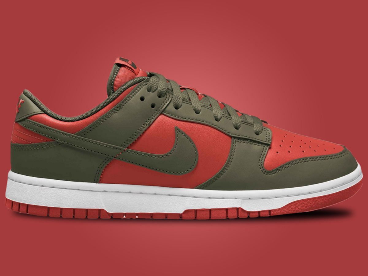 Take a closer look at the upcoming Nike Dunk Low Mystic Red Cargo Khaki shoes (Image via Nike)