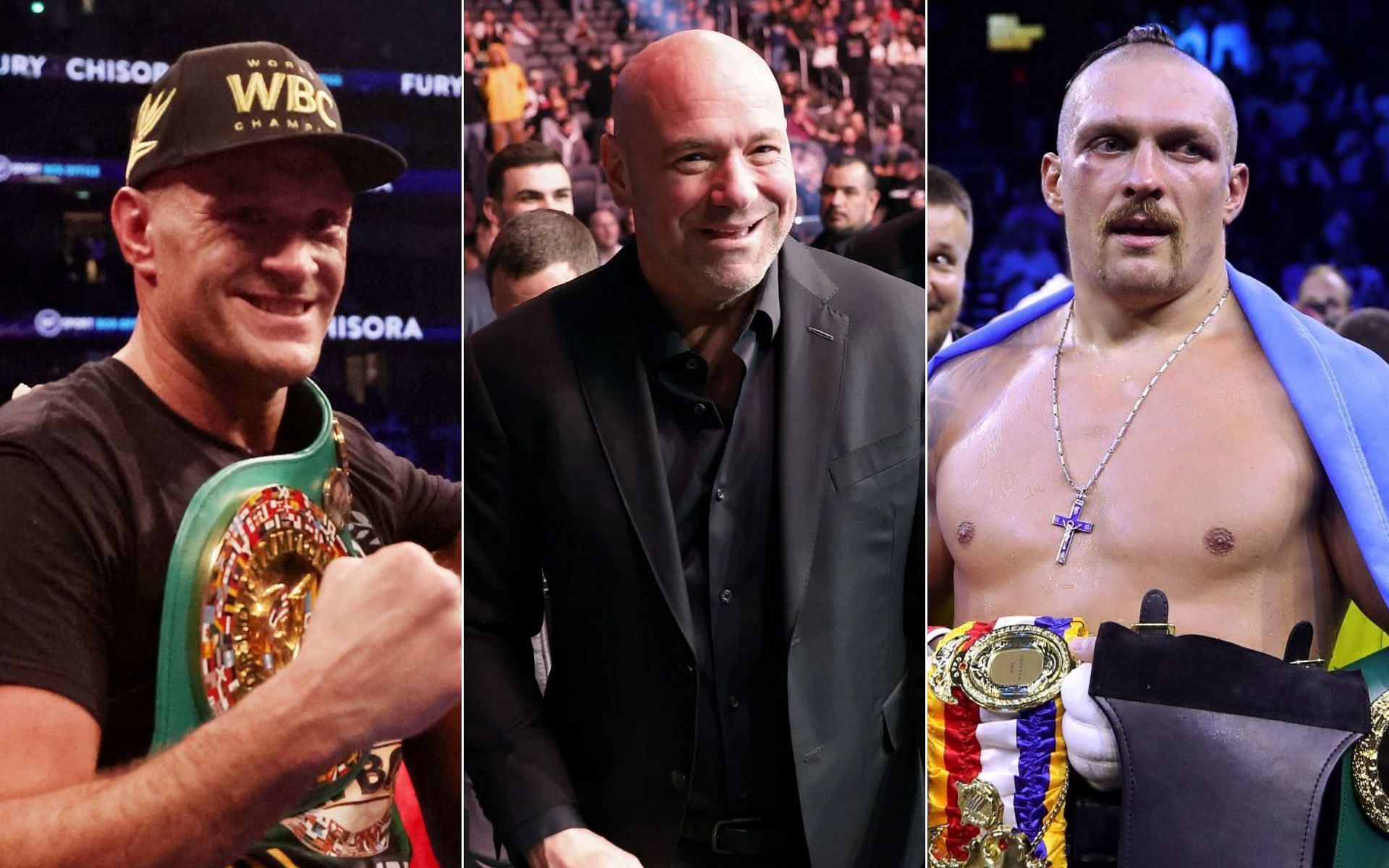 Tyson Fury [Left], Dana White [Middle], and Oleksandr Usyk [Right]