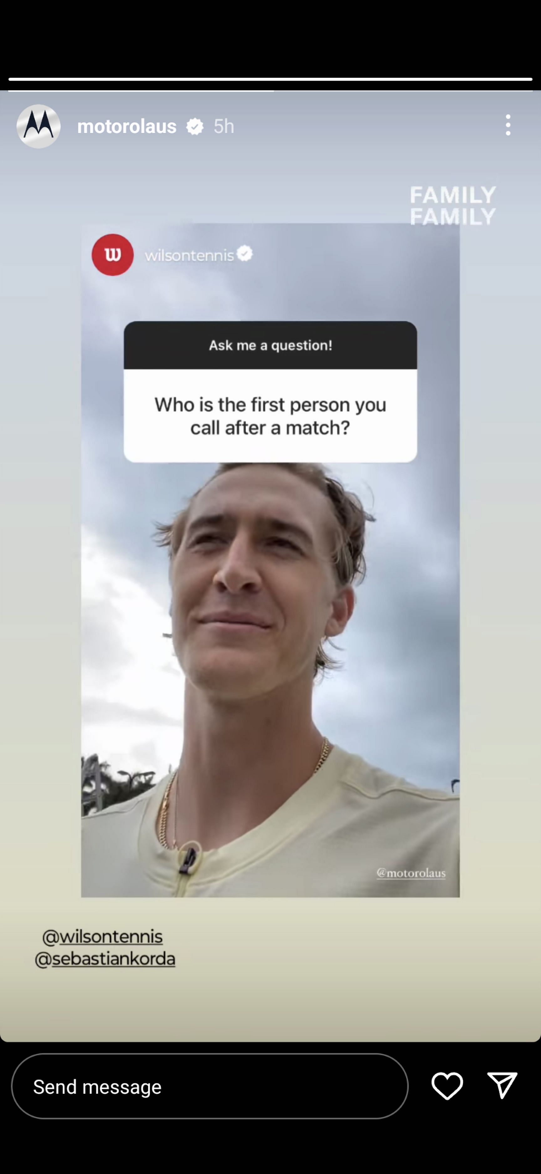 Sebastian Korda on Motorola&#039;s Instagram story 