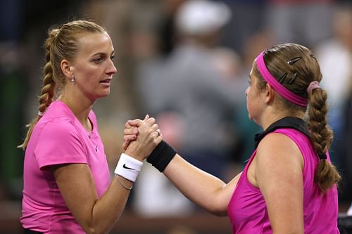 Petra Kvitova (L) and Jelena Ostapenko