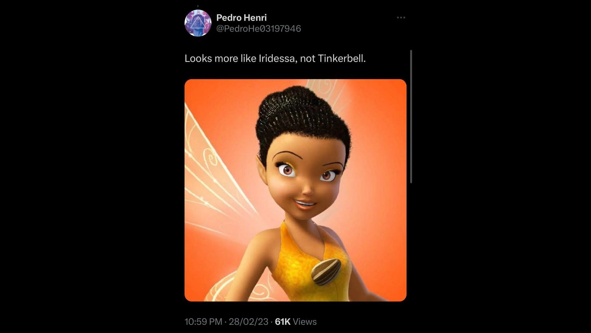 Screenshot of a Twitter user remarking on Shahidi&#039;s casting as Tinkerbell in Disney&#039;s upcoming live-action movie.