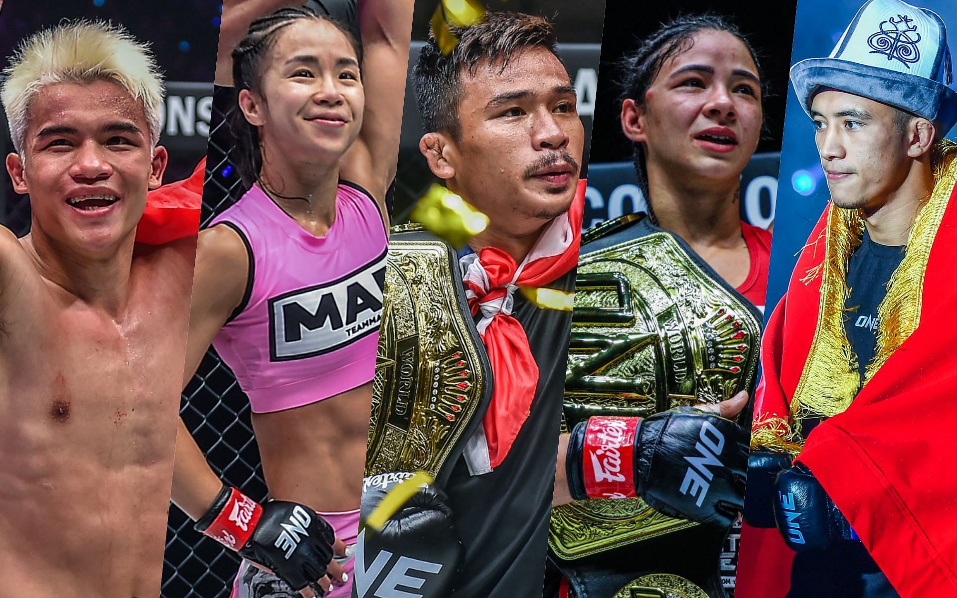 From left to right: Zhang Peimian, Ham Seo Hee, Superlek, Allycia Hellen Rodrigues, Akbar Abdullaev. | Photo by ONE Championship