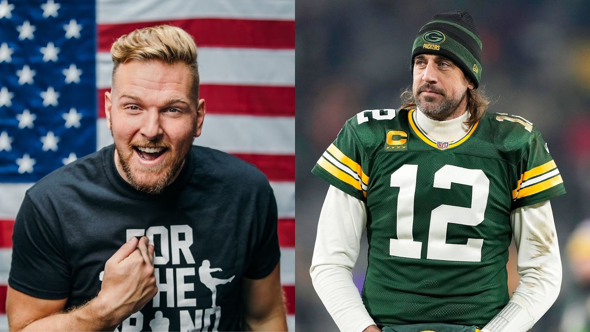 Podcaster Pat McAfee (l) and QB Aaron Rodgers (r)