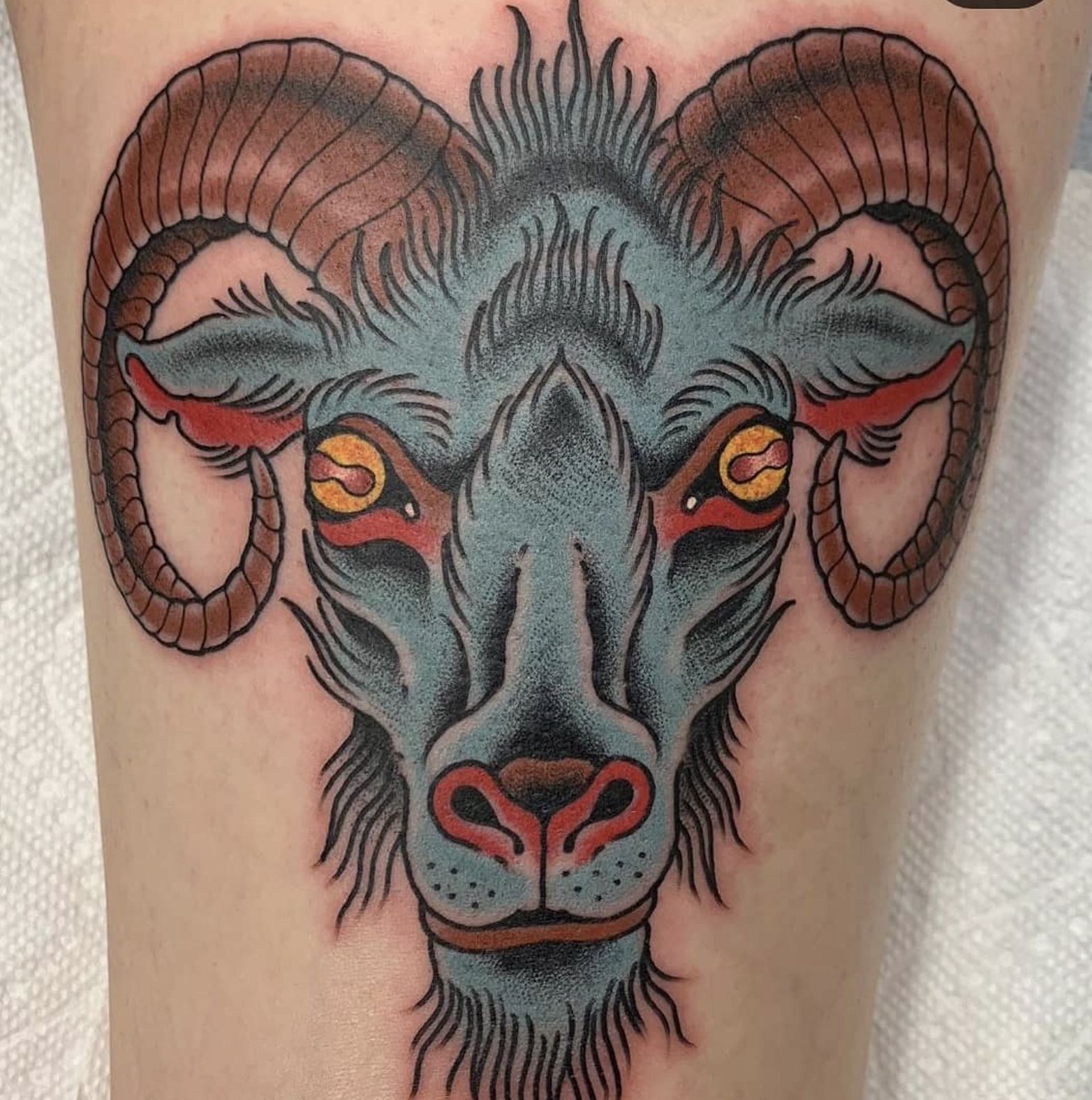 An eye-catching tattoo of a goat from a Brady fan. Source: ghostinthemachine.tattoo (IG)
