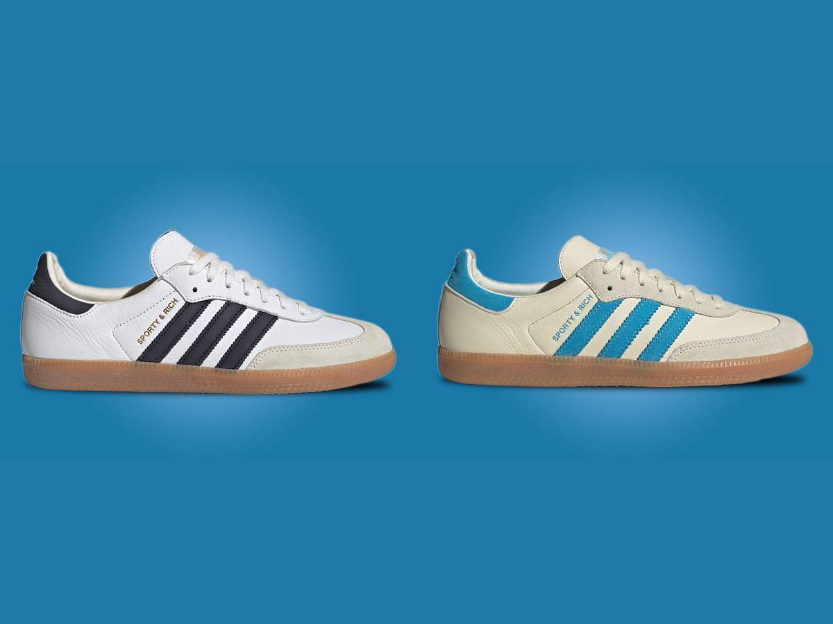 The upcoming Adidas x Sporty and Rich 3-piece Samba sneaker collection comes clad in hues of blues (Image via Adidas)