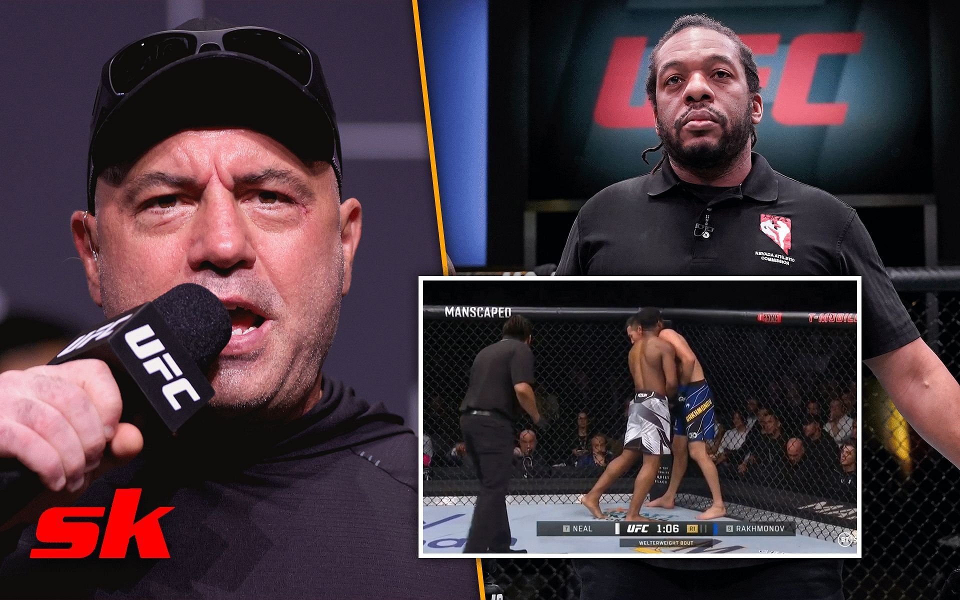 Joe Rogan (Left), Herb Dean (Right), Shavkat Rakhmonov vs. Geoff Neal (Front) [Image courtesy: @United Another on Twitter, Getty]