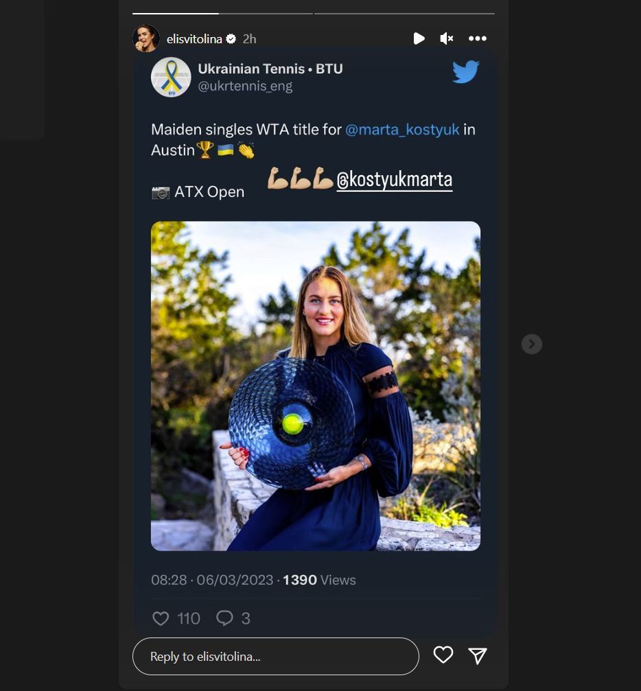 Elina Svitolina congratulates Marta Kostyuk for winning ATX Open (Image via Instagram).