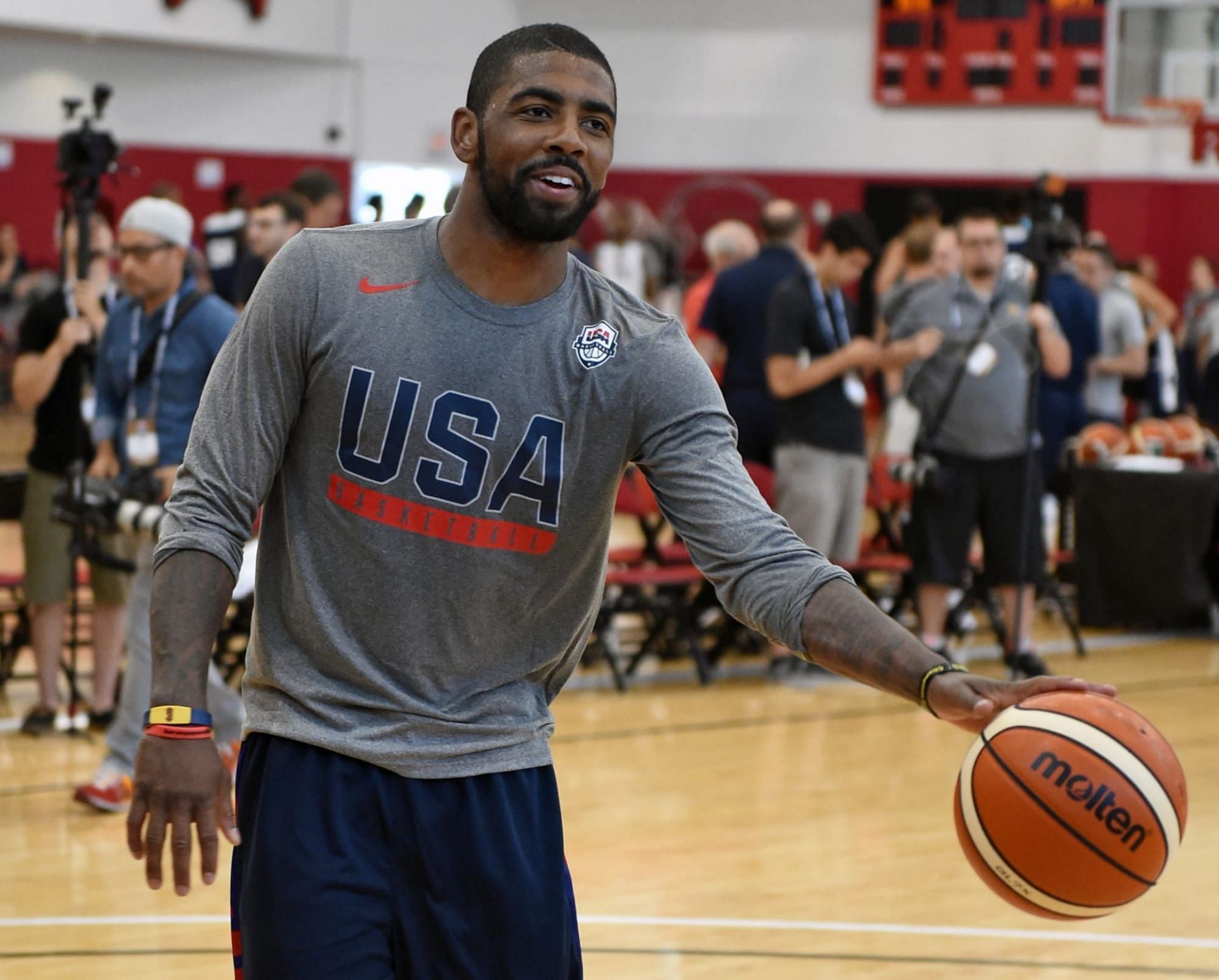 Eight-time NBA All-Star point guard Kyrie Irving during a Team USA practice