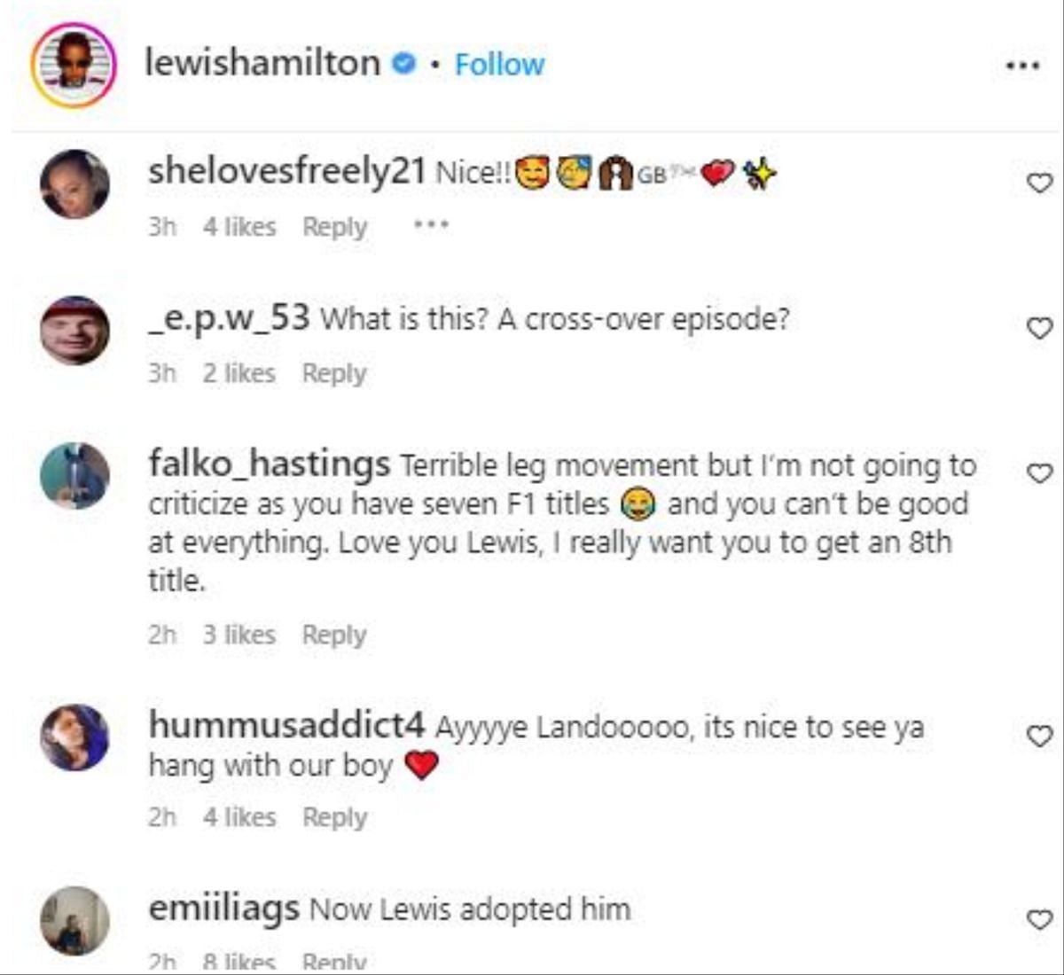 Screengrab of Hamilton&#039;s Instagram comment section